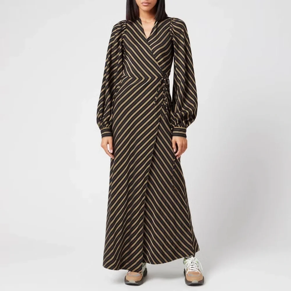 GANNI Striped Long Sleeve Wrap Maxi Dress Size EU 36/S/US 4 Black Gold - Picture 2 of 16